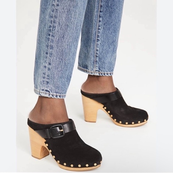 NEW Veronica Beard Black Suede Darcy Mule/Clog Wood Platform Gold Studs - Picture 2 of 10